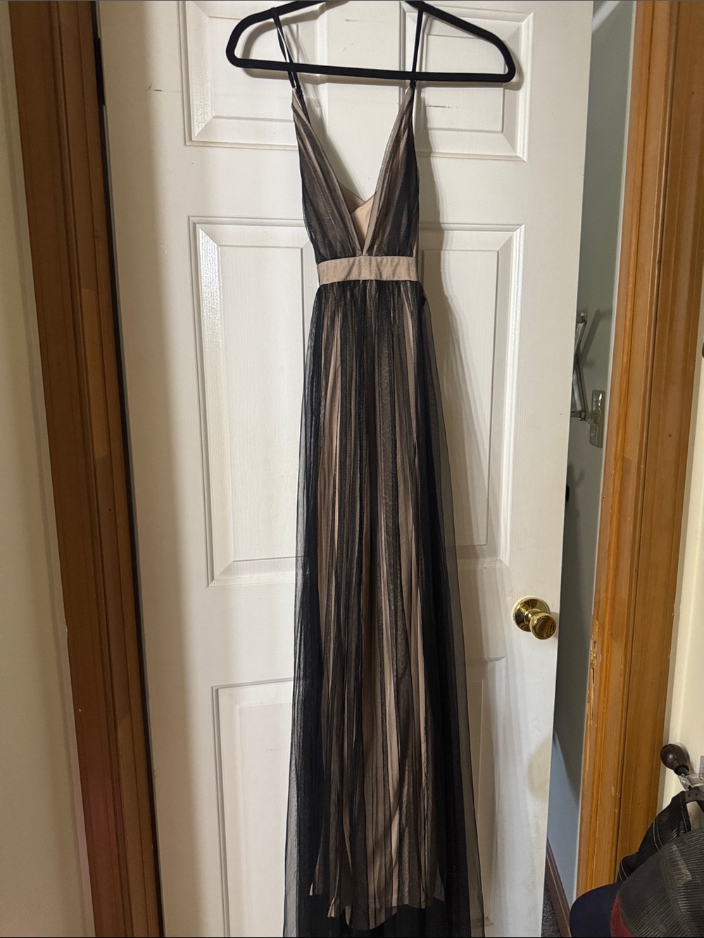Black and Nude V-Neck Maxi Dress with Sheer Overlay